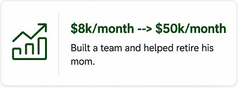 Business Revenue Growth Success Story Revenue growth icon representing a client scaling from $8,000 per month to $50,000 per month in sales while building a team and achieving financial freedom.